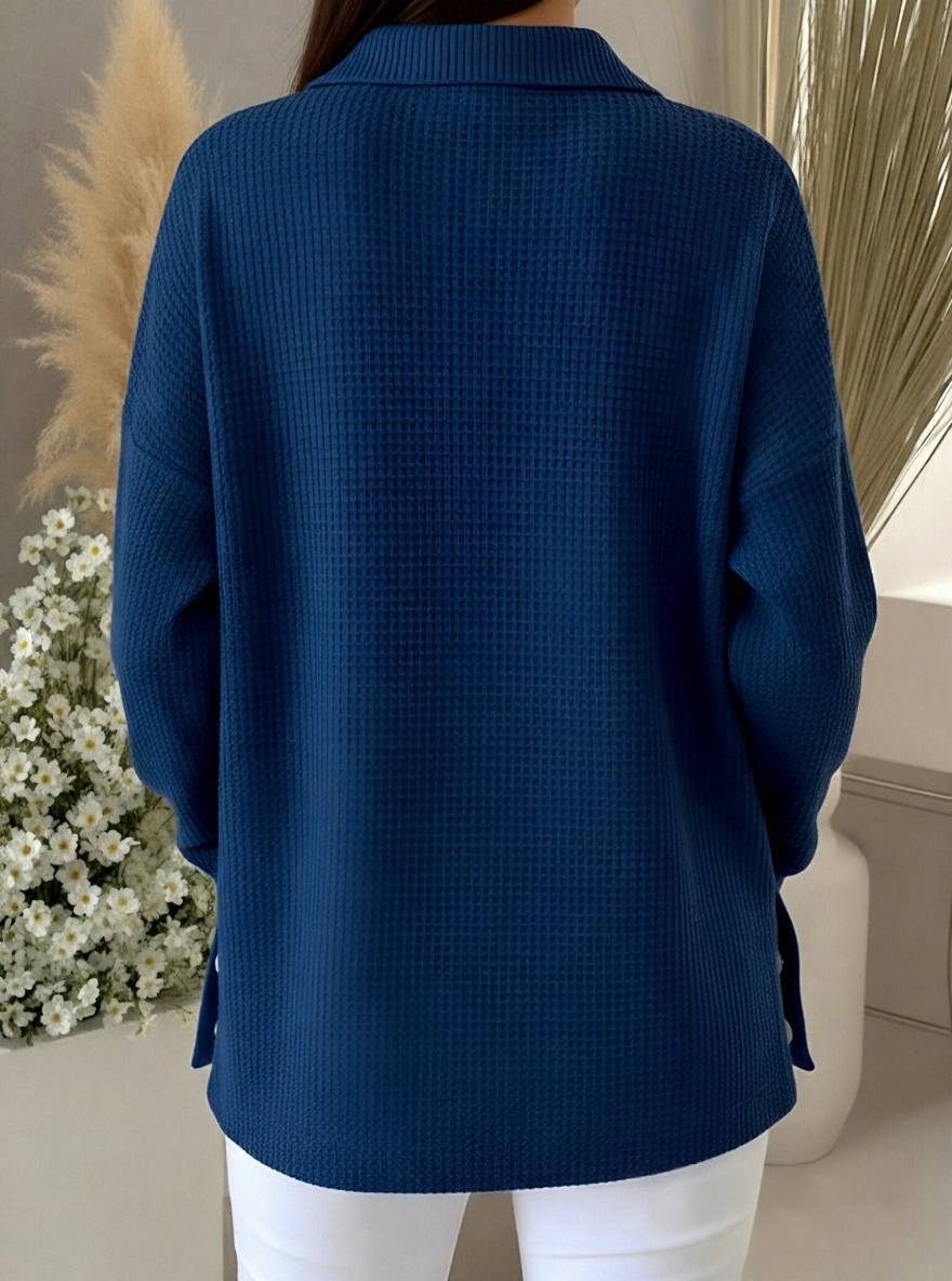  Casual Waffle Henry Collar Sweatshirt
