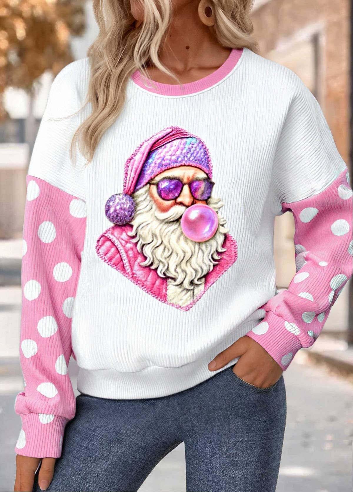 Santa Claus Print Round Neck   Sweatshirt