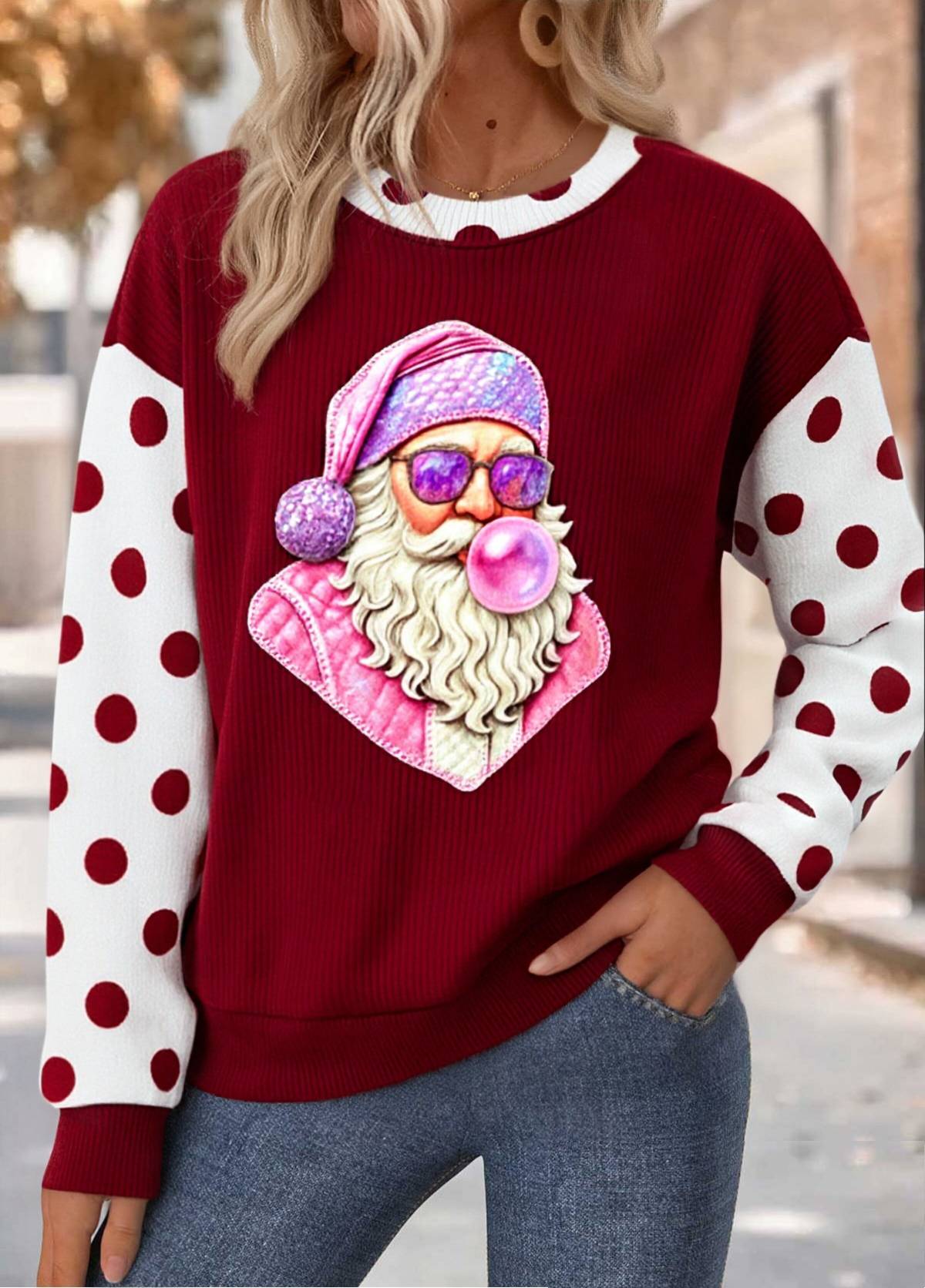  Santa Claus Print Round Neck   Sweatshirt