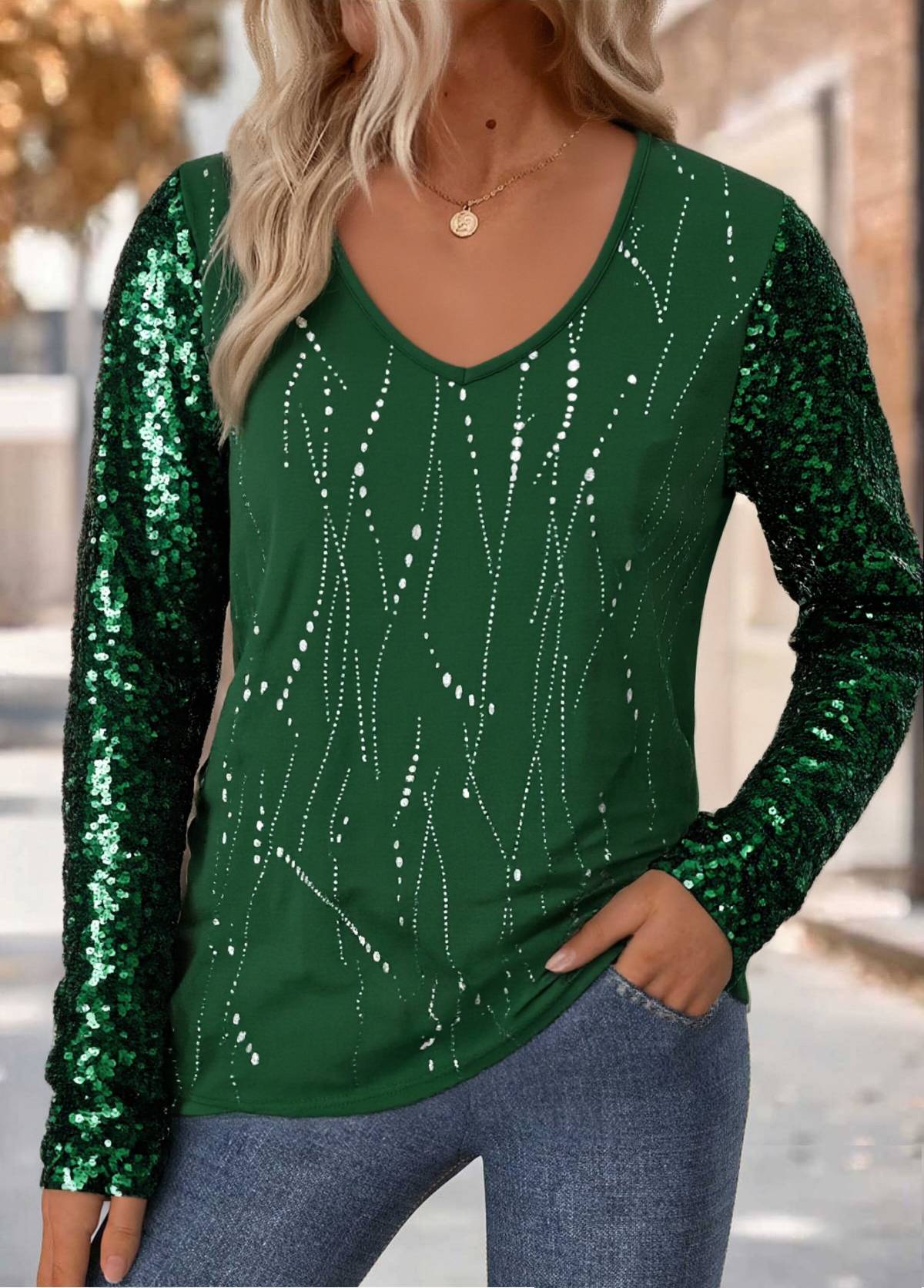 Sequin   Long Sleeve V Neck 