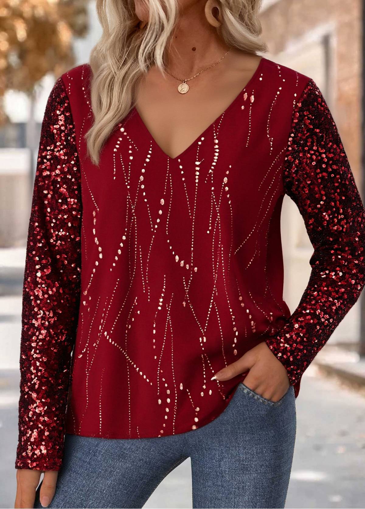 Sequin   Long Sleeve V Neck 