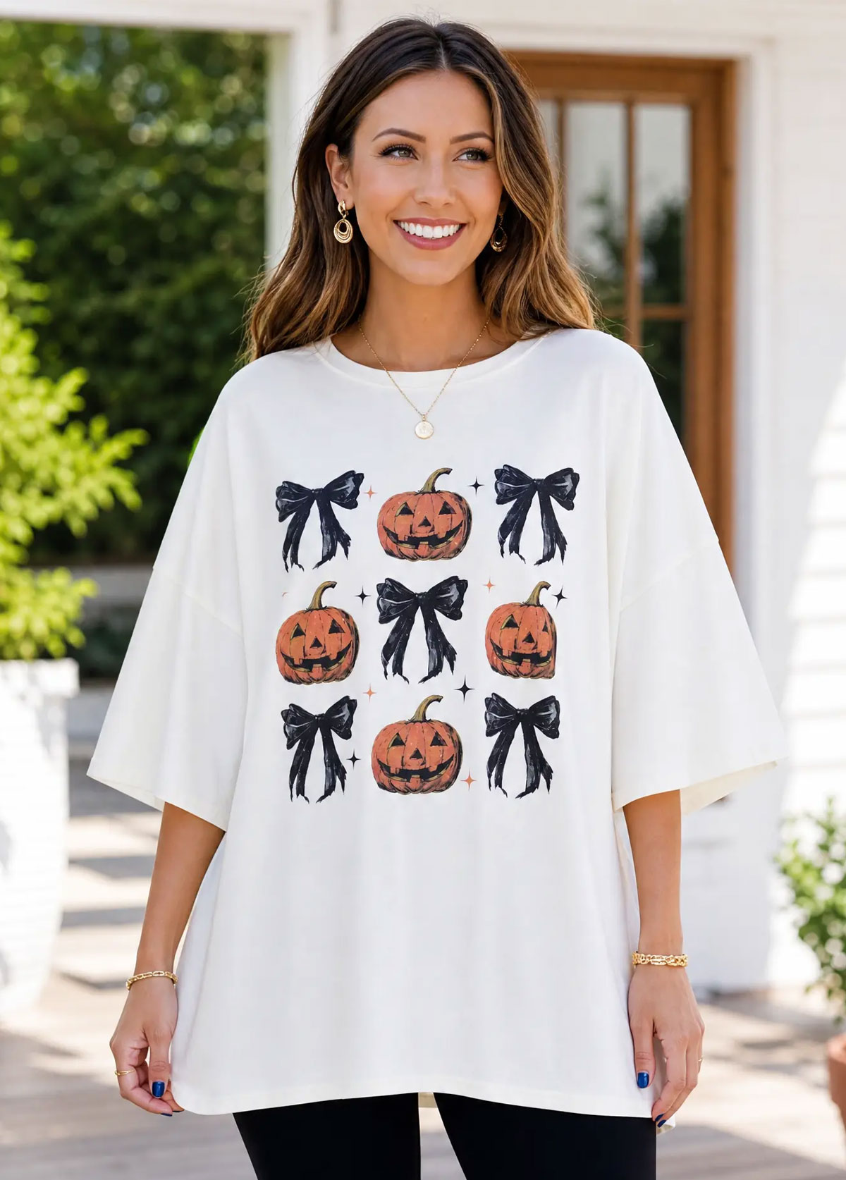 Off‑White Coquette Bow Jack‑O‑Lantern Oversized Short Sleeve T‑Shirt