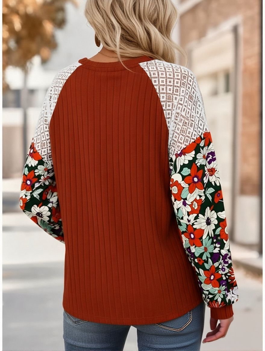 Floral Print Lace   Long Sleeve Round Neck  Sweatshirt