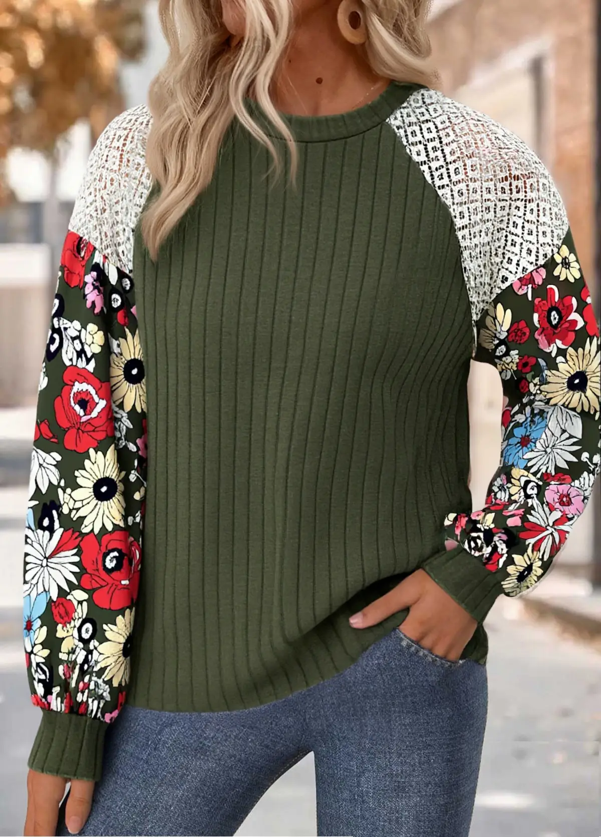 Floral Print Lace   Long Sleeve Round Neck  Sweatshirt