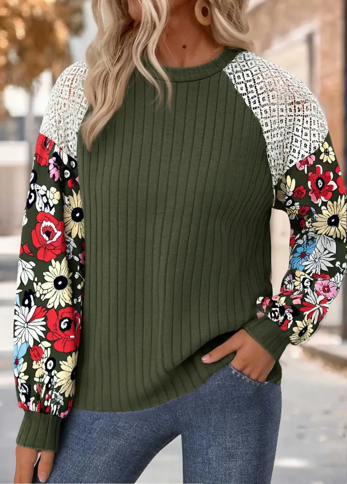 Floral Print Lace   Long Sleeve Round Neck  Sweatshirt