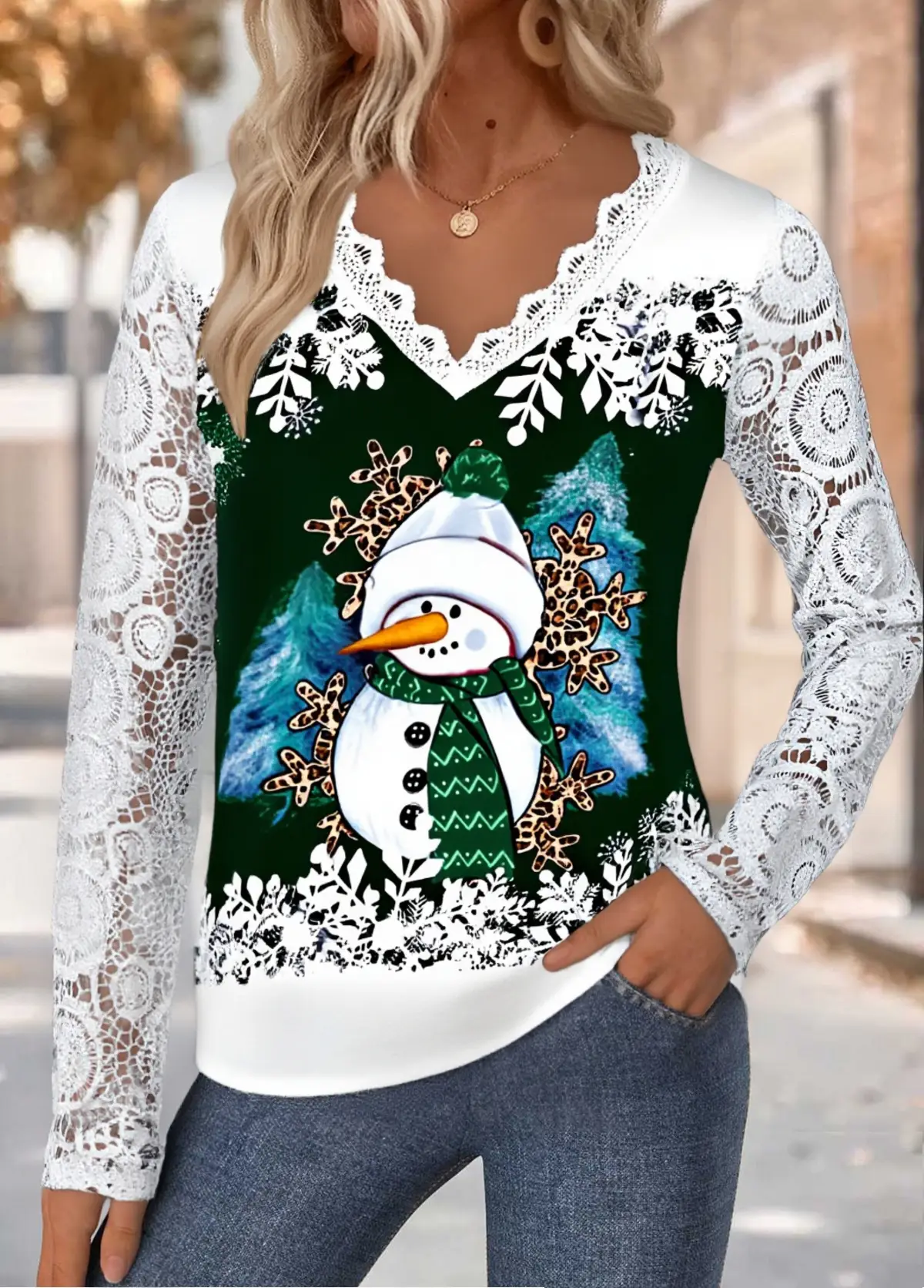 Christmas Lace Tummy Coverage Long Sleeve T Shirt