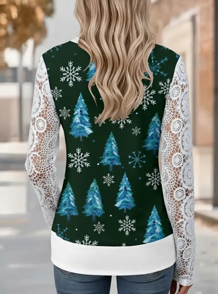 Christmas Lace Tummy Coverage Long Sleeve T Shirt