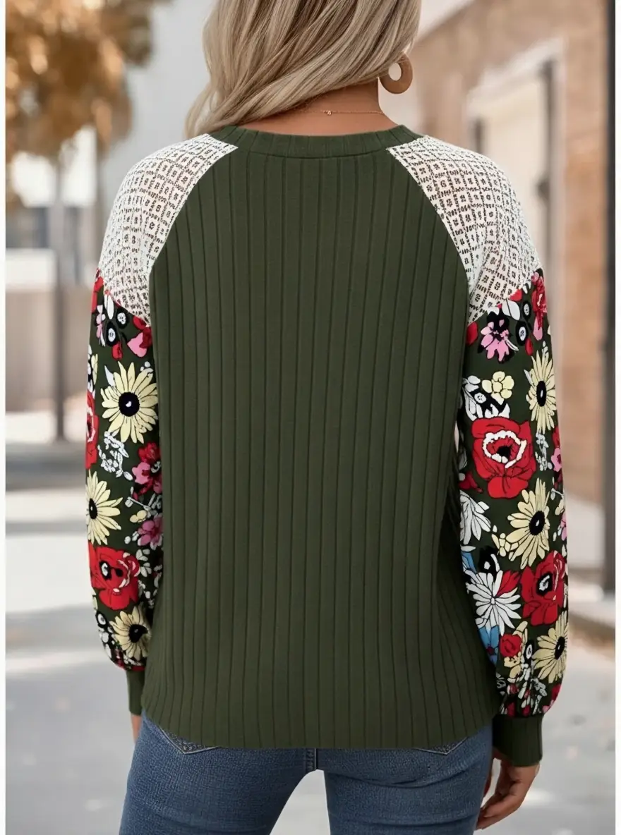 Floral Print Lace   Long Sleeve Round Neck  Sweatshirt