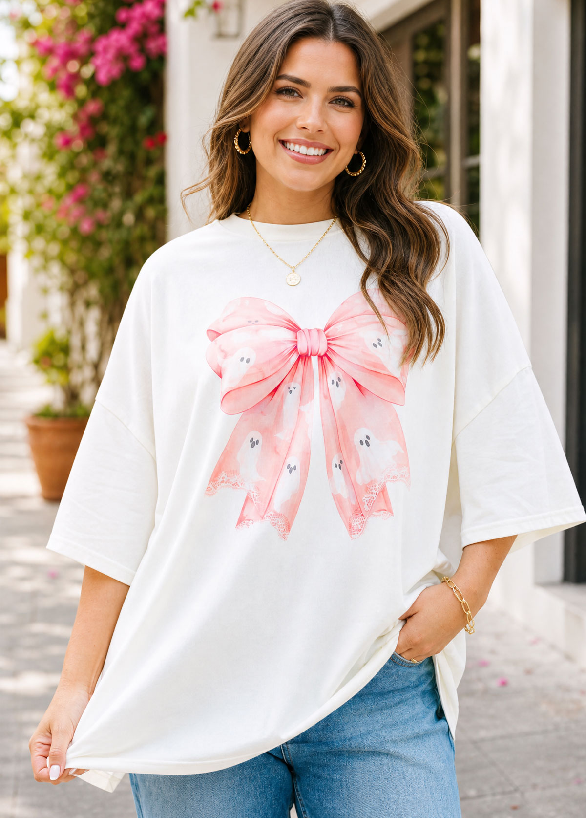 White Coquette Pink Bow Ghost Graphic Oversized Short Sleeve T‑Shirt