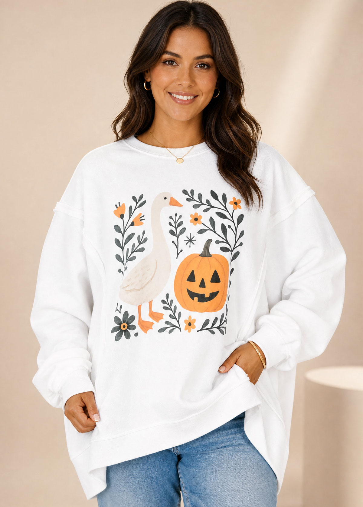 Fall Goose Jack‑o‑Lantern Floral Graphic Oversized Sweatshirt