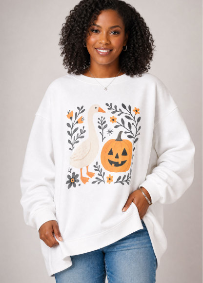 Fall Goose Jack‑o‑Lantern Floral Graphic Oversized Sweatshirt
