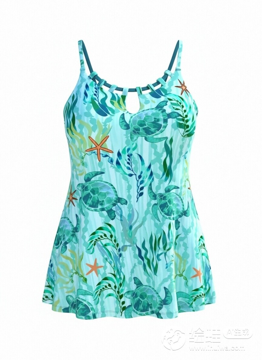  Mid Waisted Marine Life Print Tankini Top