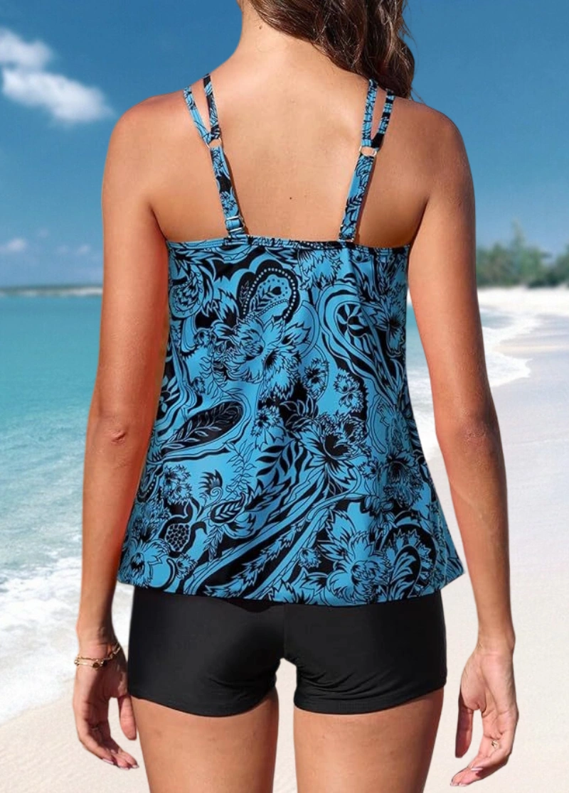 Floral Print Double Straps Tankini Set