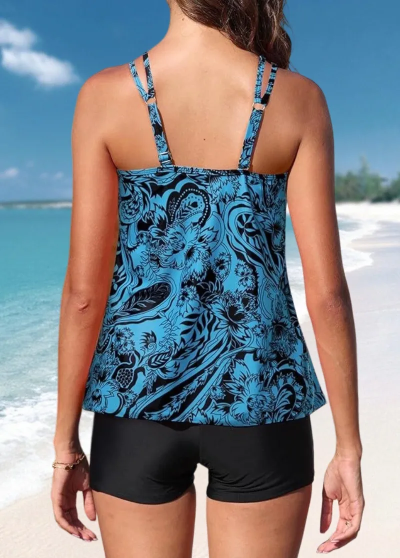 Floral Print Double Straps Tankini Set