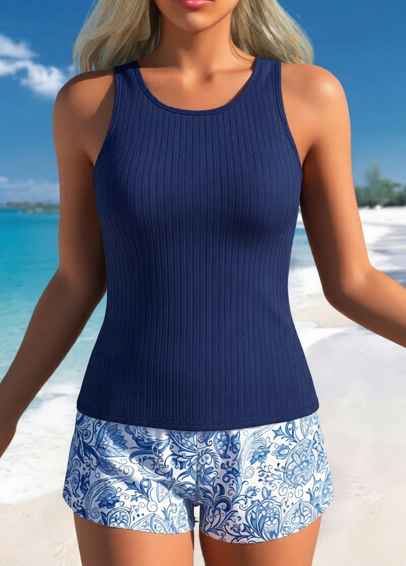 Blue Floral High Neck Ribbed Tankini Set with Shorts