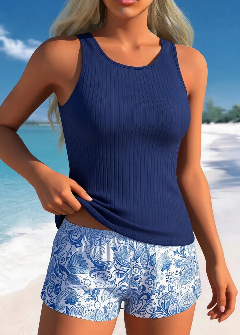 Blue Floral High Neck Ribbed Tankini Set with Shorts