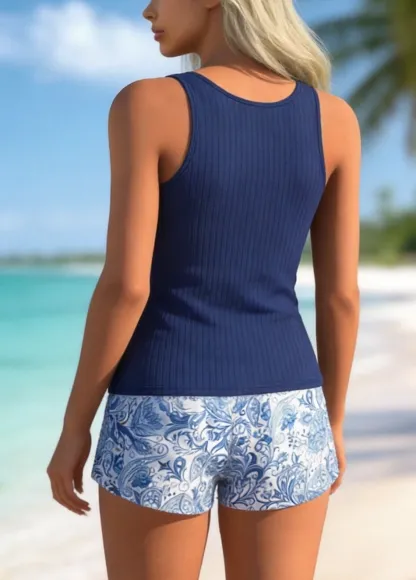 Blue Floral High Neck Ribbed Tankini Set with Shorts