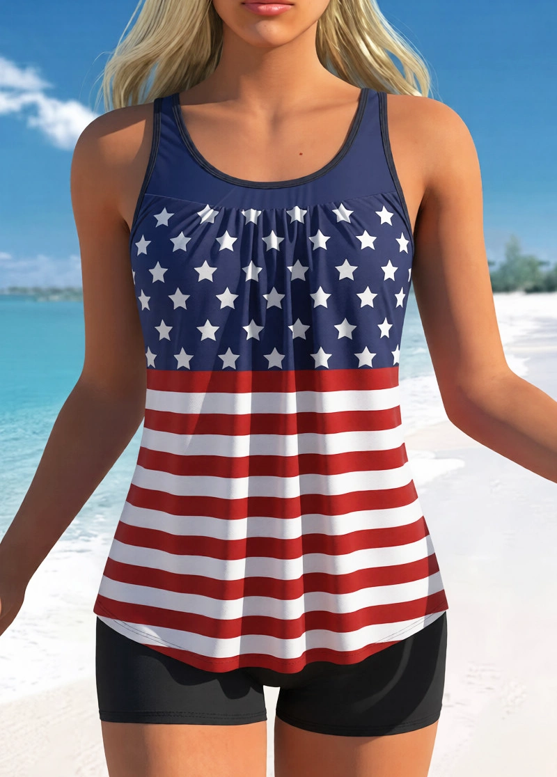 Flag Print Tummy Control Tankini Set