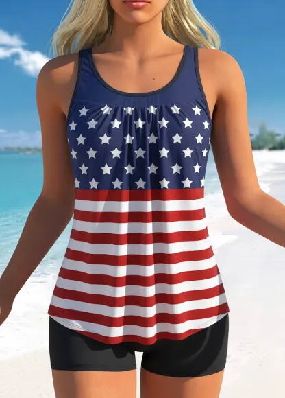 Flag Print Tummy Control Tankini Set