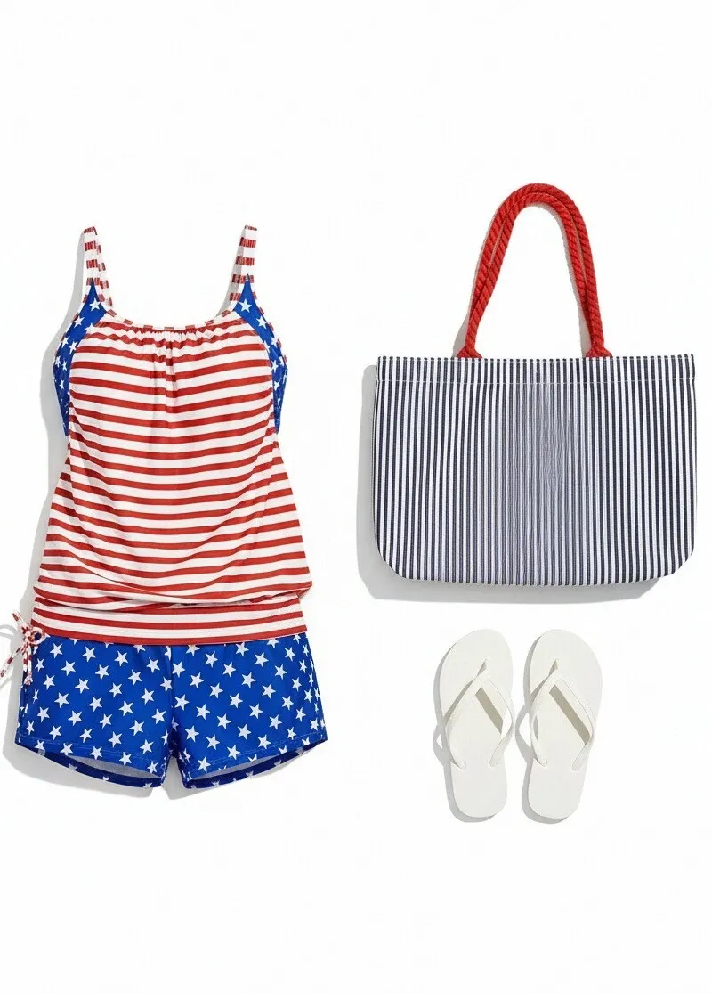 Layered Style Cross Back Printed   Tankini Set