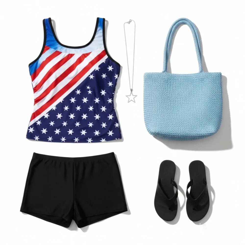Flag Print Tummy Control Tankini Set