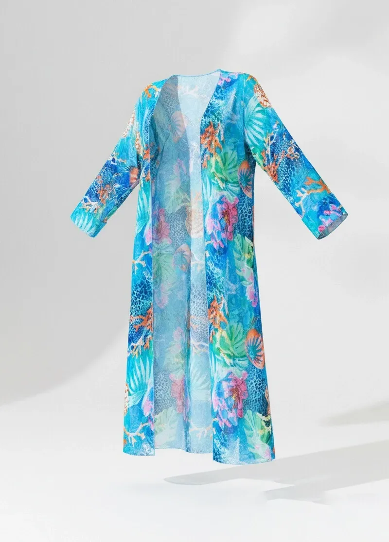  Tropical Floral Print Long Kimono Beach Cover Up