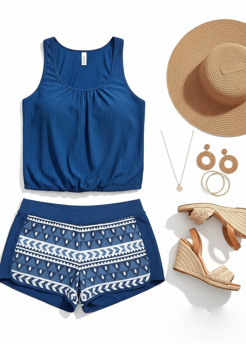  Tummy Coverage Floral Print Ribbed Tankini Set  