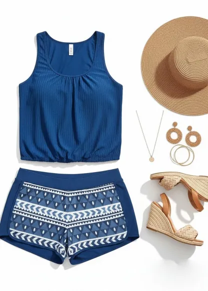  Tummy Coverage Floral Print Ribbed Tankini Set  