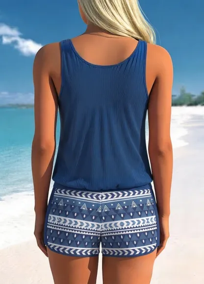  Tummy Coverage Floral Print Ribbed Tankini Set  