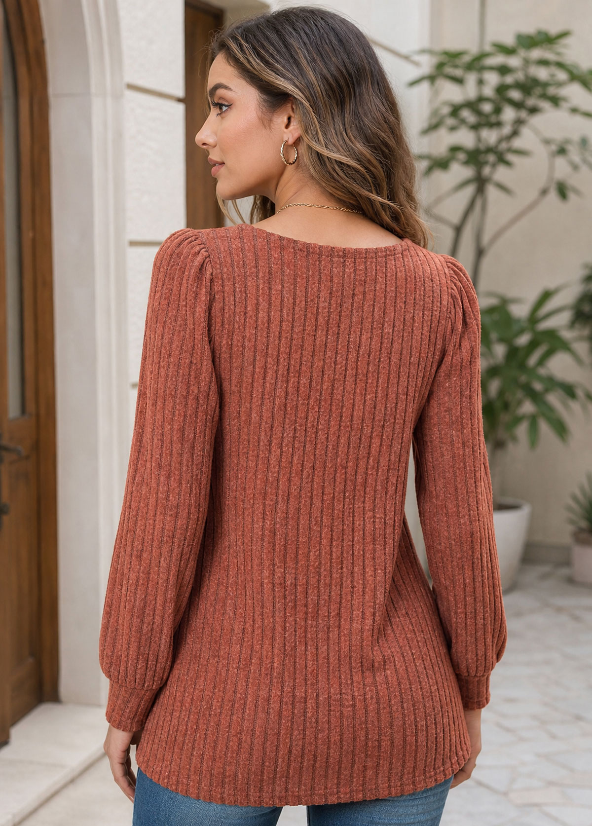 Square Neck Ribbed Long Sleeve Button Tunic Top
