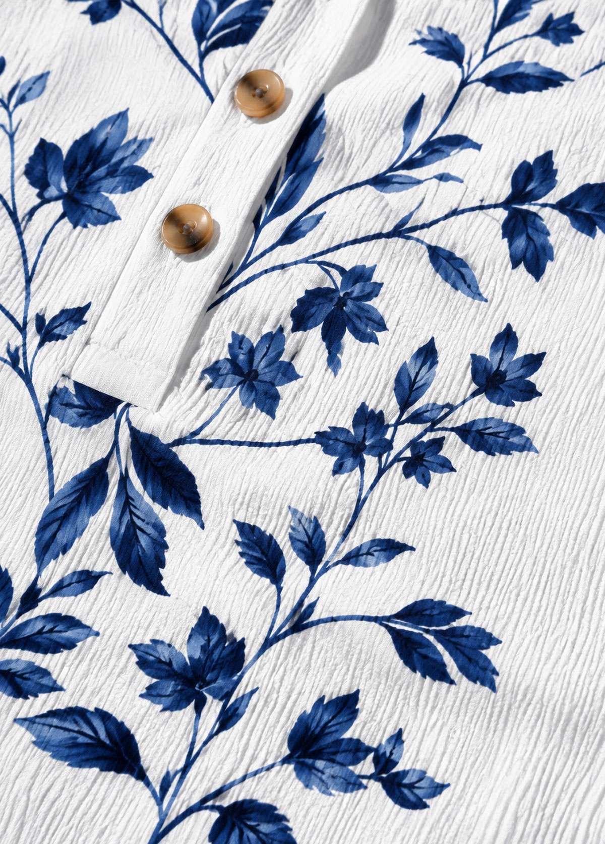 Blue Floral Print V Neck Roll‑Up 3/4 Sleeve Blouse