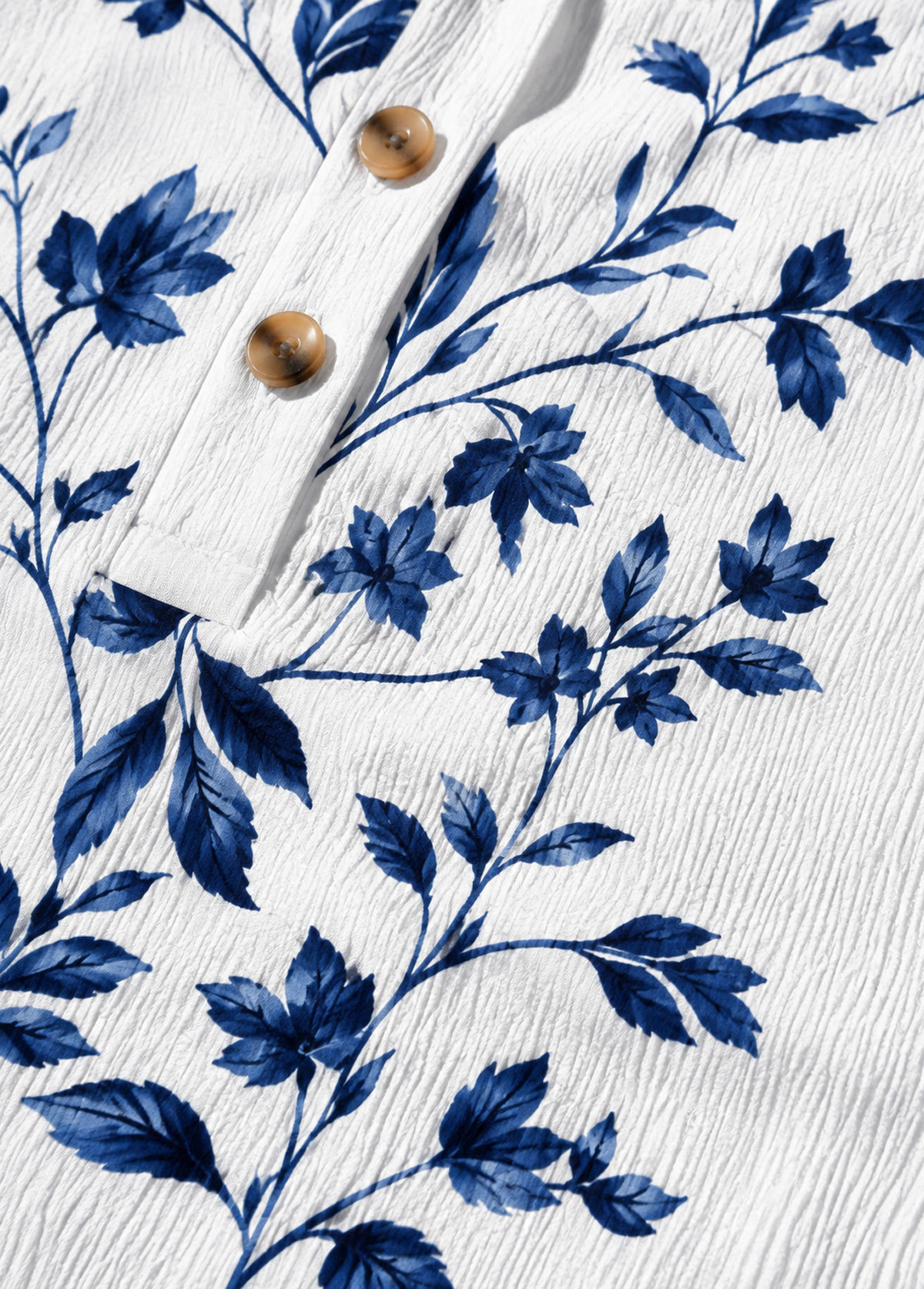Blue Floral Print V Neck Roll‑Up 3/4 Sleeve Blouse