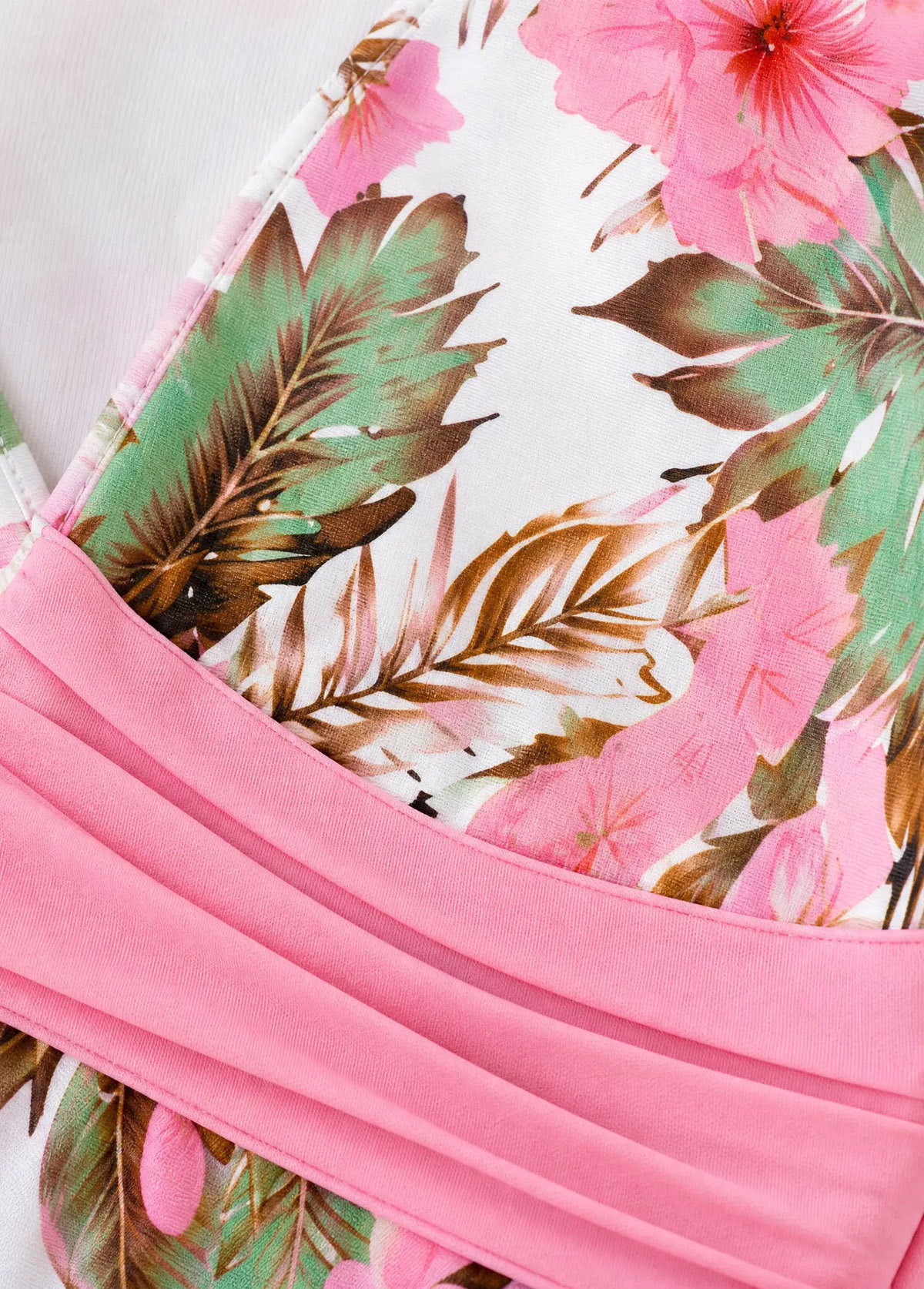 Pink Floral Wrap V Neck Tummy Control One Piece Swimsuit