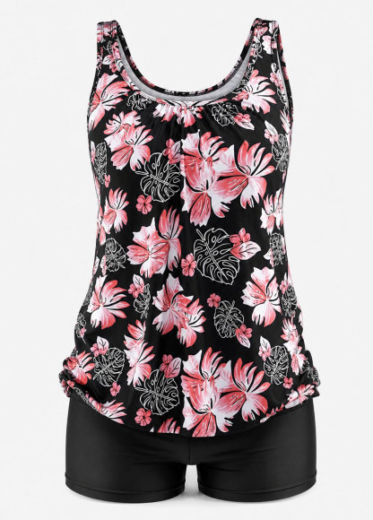 Black Tropical Floral Adjustable Strap Scoop Tankini Two Piece Set