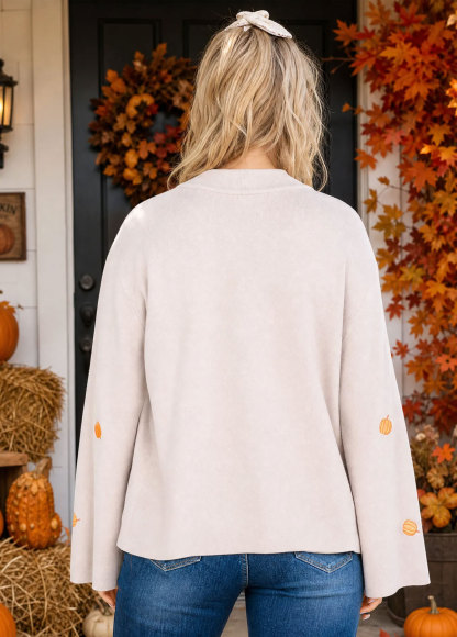 Women Fall Pumpkin Embroidered Mock Neck Wide Sleeve Knit Sweater