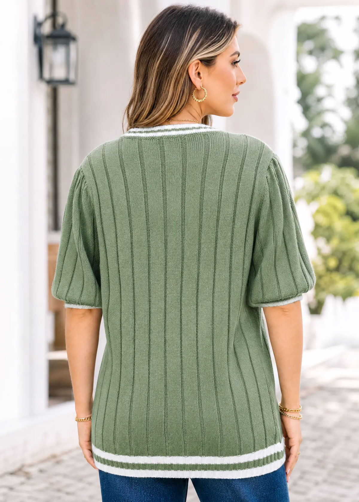 Women Striped Trim Puff Short Sleeve Ribbed Knit Sweater