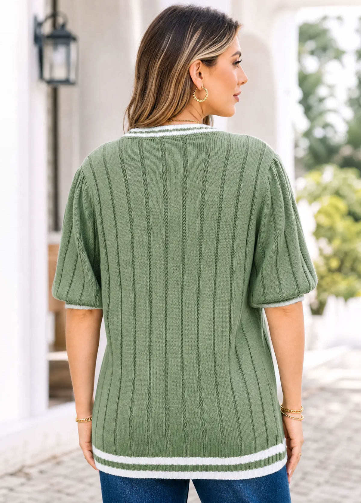 Women Striped Trim Puff Short Sleeve Ribbed Knit Sweater