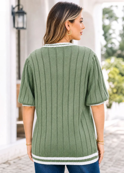 Women Striped Trim Puff Short Sleeve Ribbed Knit Sweater