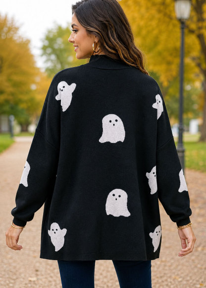 Cute Ghost Pattern Mock Neck Oversized Knit Sweater