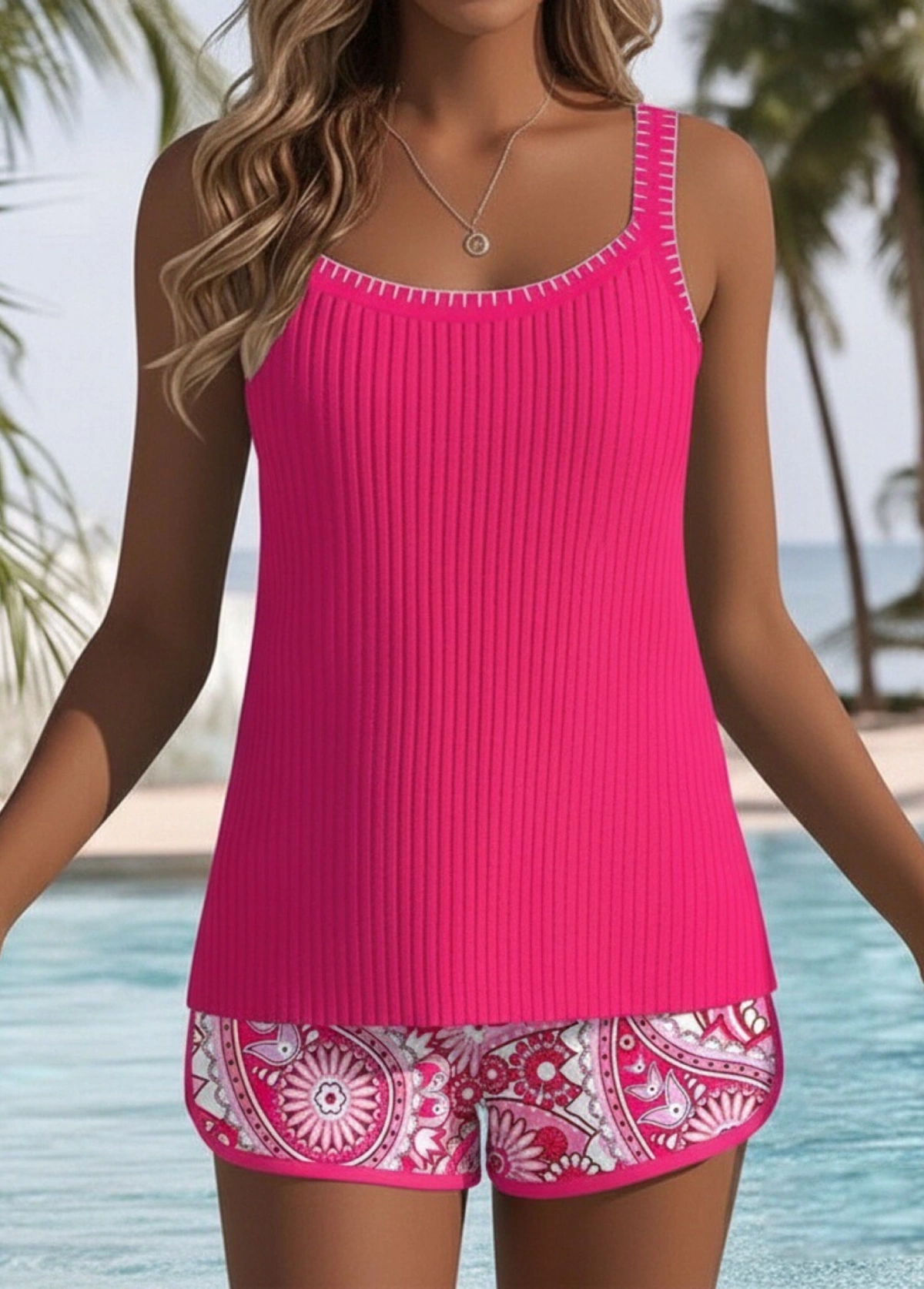 Tummy Coverage Mid Waisted   Printed  Tankini Set