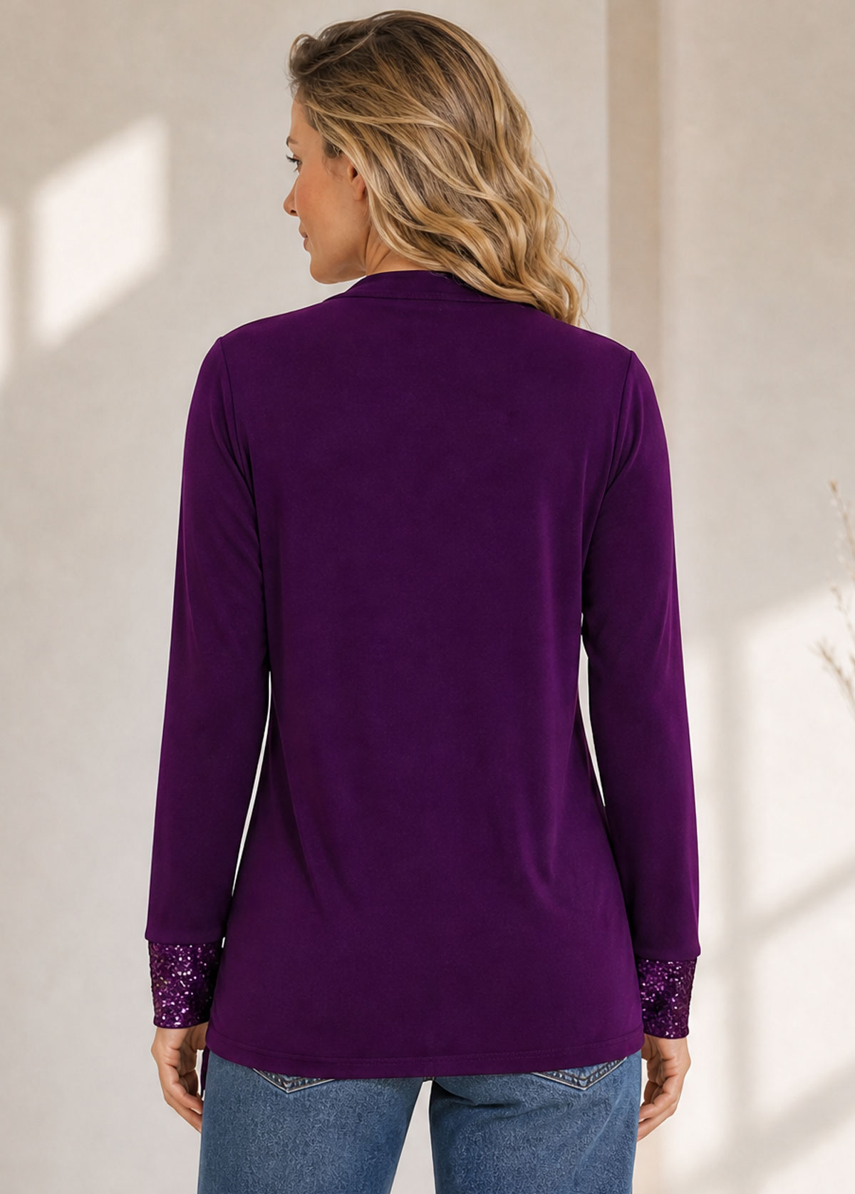 Sequin Mock Two‑Piece Cowl Neck Long Sleeve Top