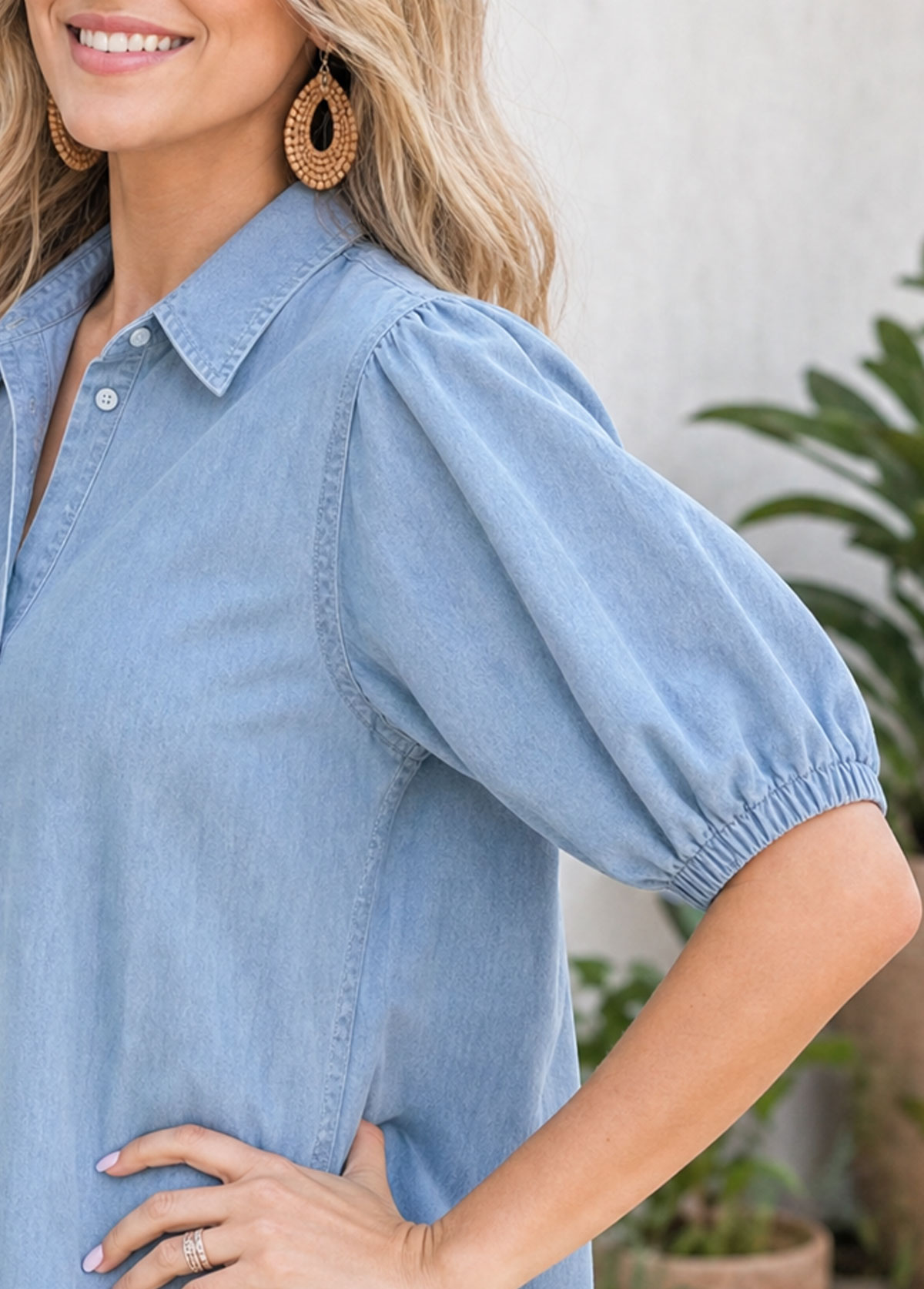 Puff Short Sleeve Chambray Button Down Shirt
