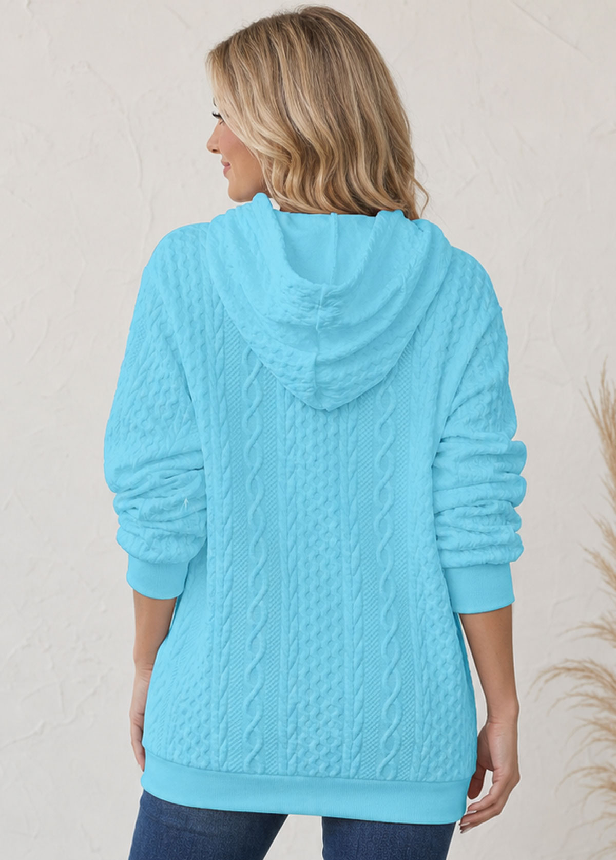 Cable Textured Drawstring Hooded Sweatshirt