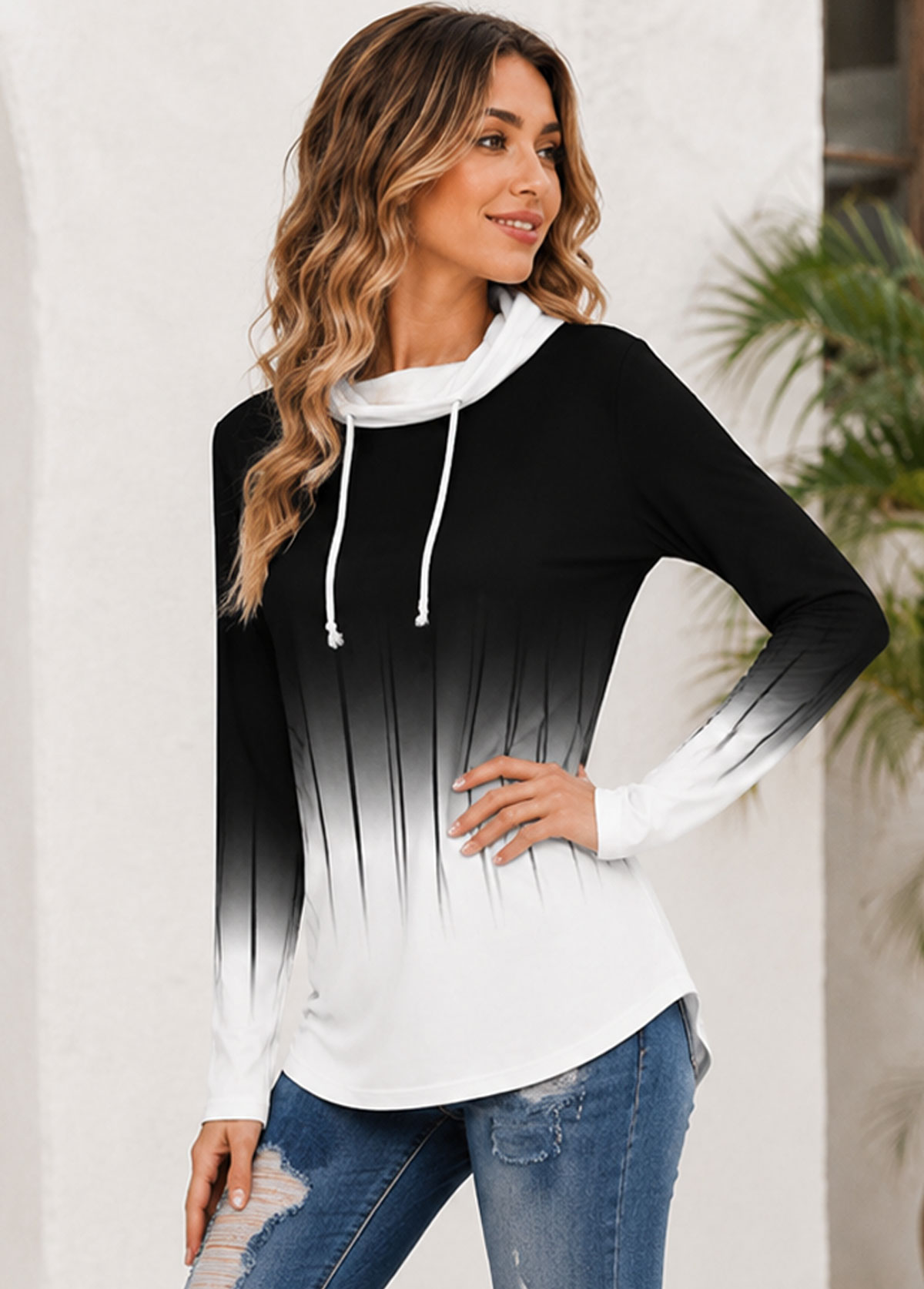 Ombre Gradient Long Sleeve Cowl Neck Hooded Tunic Top