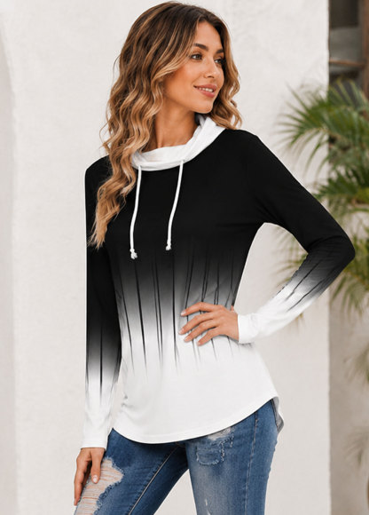 Ombre Gradient Long Sleeve Cowl Neck Hooded Tunic Top