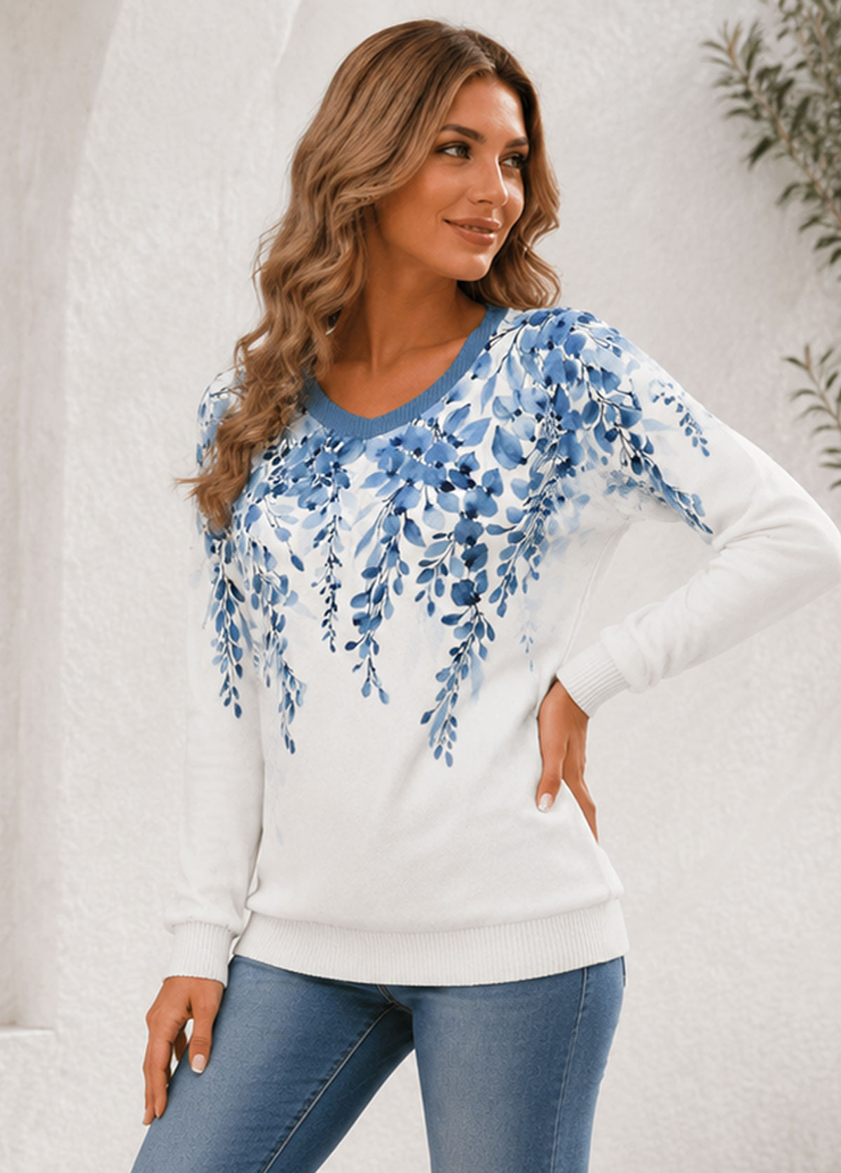 Blue Floral Print V Neck Long Sleeve Knit Sweater