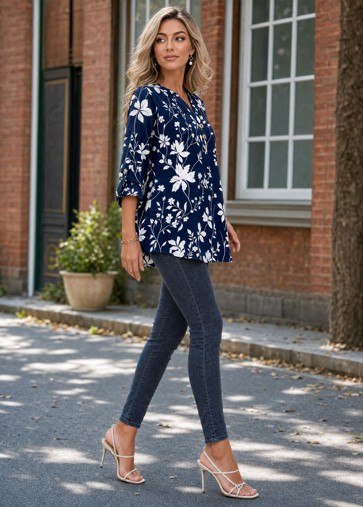 Navy White Floral Henley 3/4 Sleeve Blouse