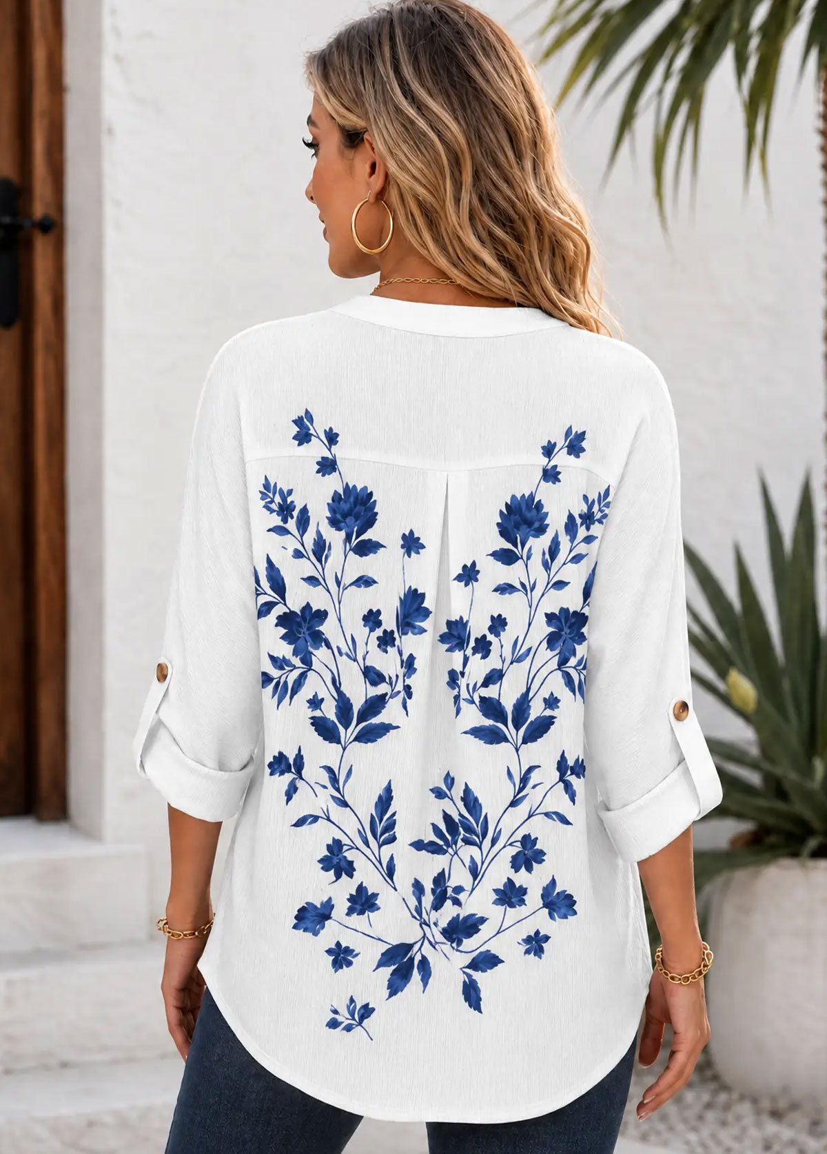 Women Blue Floral Print Roll‑Up Sleeve Casual Top