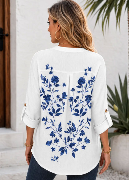 Women Blue Floral Print Roll‑Up Sleeve Casual Top