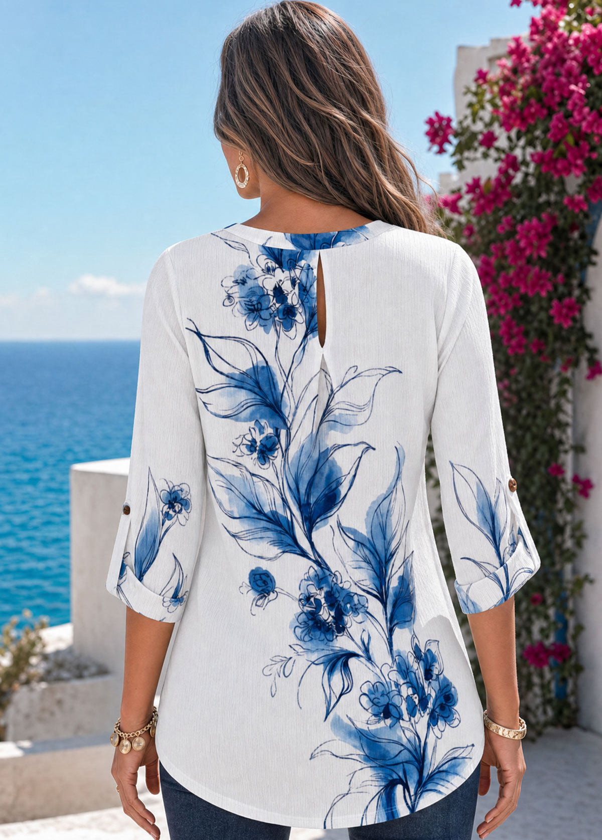 Watercolor Blue Floral Henley V‑Neck Roll‑Up 3/4 Sleeve Top